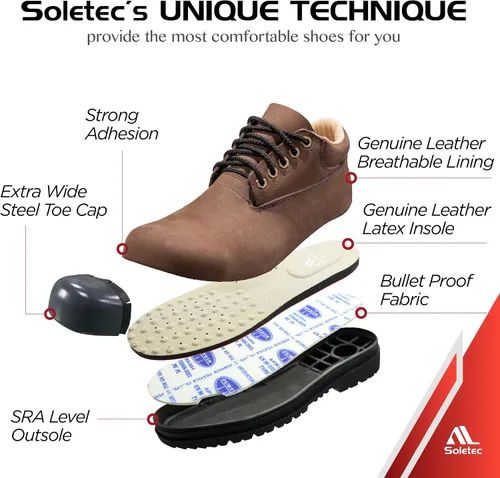 Vista 2 de Soletec Zapatos de trabajo industriales de seguridad con punta de acero, cuero nobuck auténtico, antideslizante, plantilla a prueba de balas
