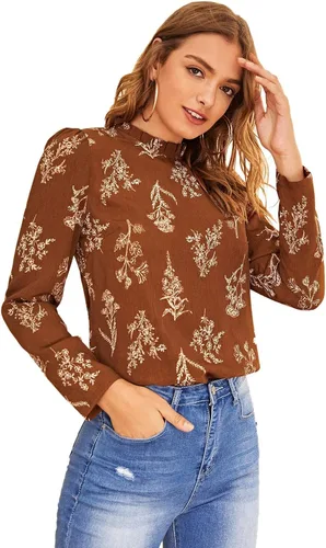 Vista 4 de Floerns - Blusa de chifón georgette de manga larga con estampado floral y cuello alto