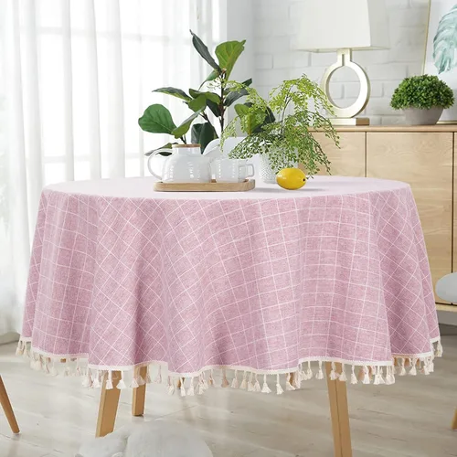 Vista 14 de ShinyBeauty Mantel Redondo Rosa Bebé de 55 Pulgadas Mantel Gingham Rosa a Cuadros Mantel de Mesa de Algodón para Mesa Redonda Mantel a Cuadros Rosa