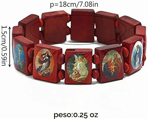 Vista 2 de Fnjuucw - 4 pulseras de madera de Jesús rosario, pulsera elástica de madera pequeña, con imágenes de santos religiosos Jesús, regalo para hombres