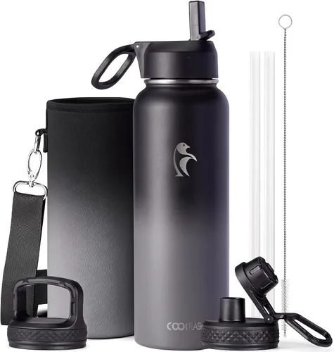 Vista 20 de Coolflask Botella de agua de 24 onzas aislada con pajilla, 3 tapas de metal de acero inoxidable, botella de agua de boca ancha para deportes u