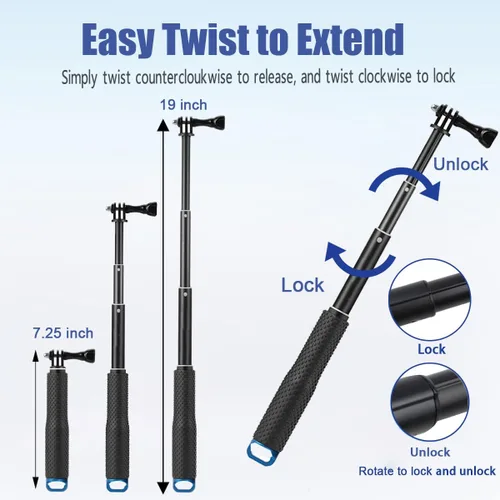 Vista 5 de Selfie Stick, 19 "extensión impermeable agarre de mano ajustable monopod poste para GoPro Hero 13 12 11 10 9 8 7 6 5 4 3+ 3 Session Hero (2018)