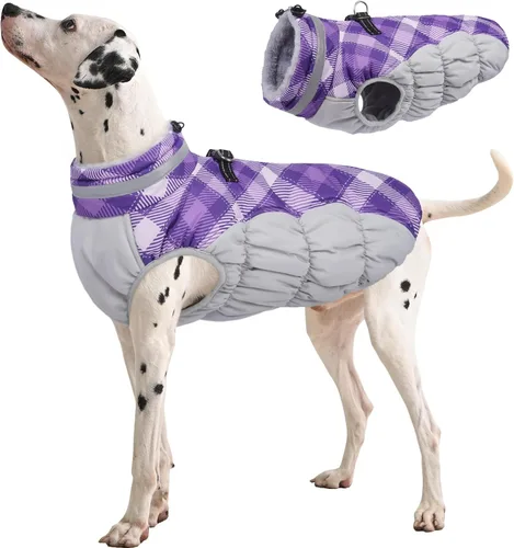 Vista 48 de Abrigo para perro, chaqueta cálida de invierno, acolchada, de vellón, chaleco reflectante con arnés, chaqueta de nieve impermeable con cremallera, a