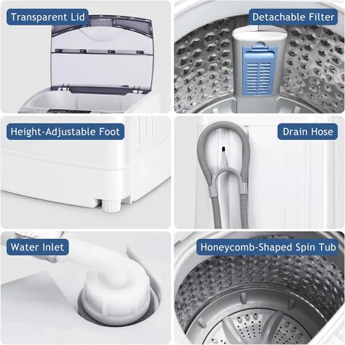 Vista 6 de RELAX4LIFE Lavadora completamente automática, lavadora compacta de 12 libras de capacidad con 10 programas, 8 niveles de agua, pantalla LED y bomba