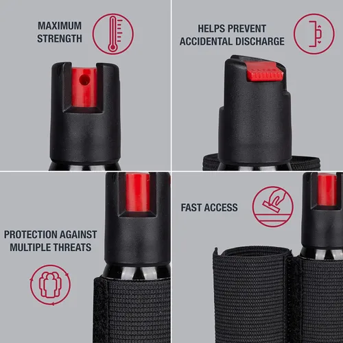 Vista 2 de SABRE Cyclist Pepper Spray con correa ajustable para bicicleta, 45 ráfagas, rango de 10 pies (9.8 ft), diseño de gancho y bucle extraíble para un