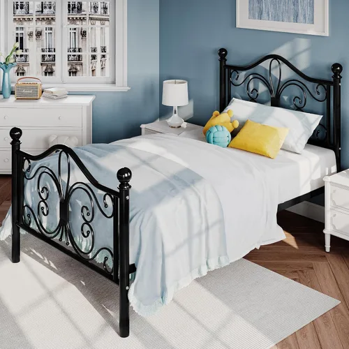 Vista 7 de SHA CERLIN Estructura de cama de tamaño individual para niños, estructura de cama de metal con cabecero y pie de cama con diseño de patrón de Negro
