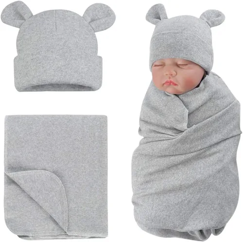 Vista 7 de PESAAT Conjunto de gorro de algodón para bebé, sombreros para recién nacidos, mantas de recepción para bebés niños y niñas Verde militar