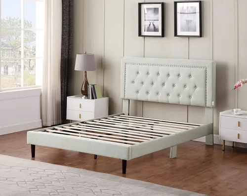 Vista 5 de Base de cama de plataforma tapizada tamaño matrimonial con cabecero ajustable de 48 pulgadas de alto, cama de terciopelo de lino con botones