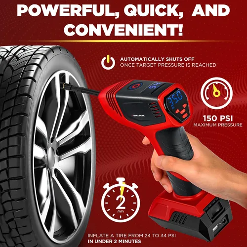 Vista 2 de BULLSEYE PRO - Inflador de neumáticos con manómetro, compacto y portátil, apagado automático, 150 PSI máximo, USB recargable para el hogar y cable