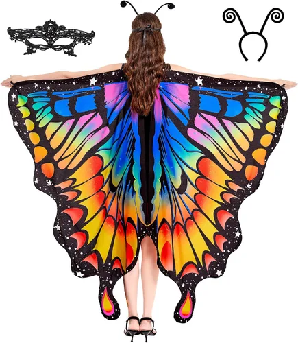 Vista 2 de Tibeha ButterflyWingsforWomen Kids - Double-SidedPrintingCostumeHalloweenGirls CapewithMaskandAntennaHeadband
