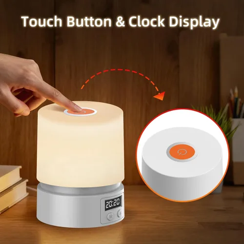 Vista 4 de Luz nocturna de guardería con reloj para niños, lámpara táctil de mesita de noche, lámpara de noche portátil para lactancia materna para bebé