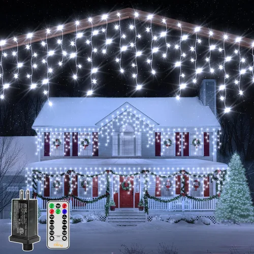 Vista 5 de Ollny Luces de carámbano para exteriores, 306 LED de 25 pies, luz de Navidad que cambia de color con control remoto, 11 modos de temporizador