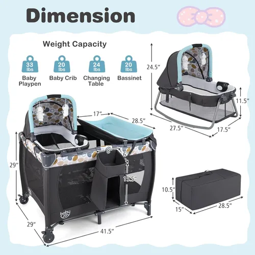 Vista 6 de BABY JOY Paquete y juego 5 en 1, corralito portátil para bebé con moisés y cambiador de pañales, cuna central para guardería infantil con juguetes