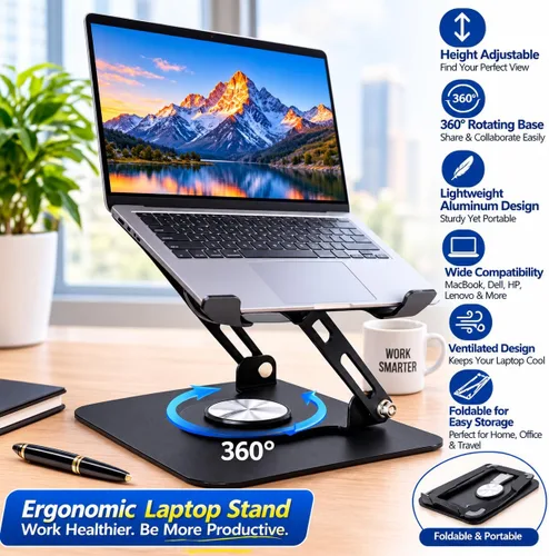 Vista 3 de Soporte ajustable para computadora portátil, elevador plegable de aluminio para laptop con base giratoria de 360°, soporte ergonómico