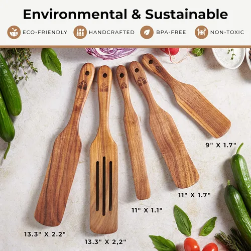 Vista 6 de Juego de 5 espátulas de teca, herramientas de cocina de madera, utensilios de cocina antiadherentes para servir, agitar, mezclar, raspar, recoger