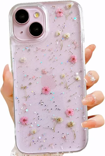 Vista 46 de LSEEKA Funda transparente para iPhone 11 con diseño de flores prensadas reales, linda y brillante, patrón floral rosa, funda protectora delgada