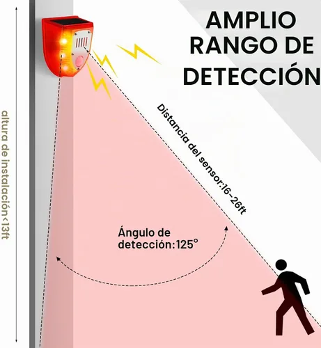 Vista 4 de Qualirey Detector de movimiento de alarma solar con sensor de movimiento al aire libre de 129 db, luz estroboscópica para perro, detector de alarma