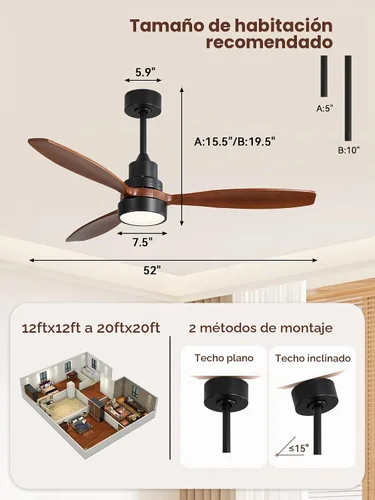 Vista 8 de Sofucor Ventilador de techo de 52 pulgadas con luces y mando a distancia, 3
