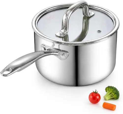 Vista 9 de Cook N Home Cacerola de acero inoxidable de 1.5 cuartos, tri-capa completamente revestida con tapa de vidrio, color plateado