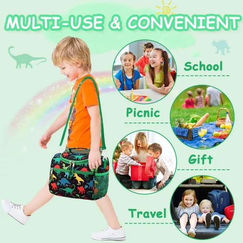 Vista 6 de RAVUO Bolsa de almuerzo para niños, reutilizable, aislada, lindo kit de comida térmica para niños pequeños con correa de hombro desmontable
