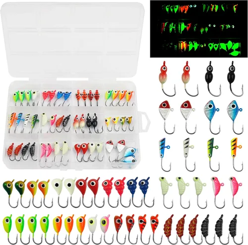 Vista 10 de Ice Fishing Jigs Lures kit, Luminous Ice Fishing Gear Crappie Panfish Jigs Head Fishing Hooks Set for Winter Ice Jigging Walleye Perch Bluegill