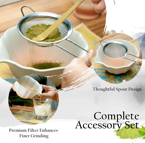 Vista 4 de Juego de batidor de matcha, cuenco de matcha rosa con boquilla, kit de 8 piezas, batidor y tazón de matcha, matcha Chasen, cuchara de bambú, reposo