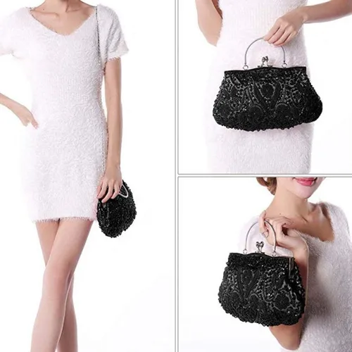 Vista 7 de Gets Noble - Bolso de noche con lentejuelas y cuentas para mujer Negro