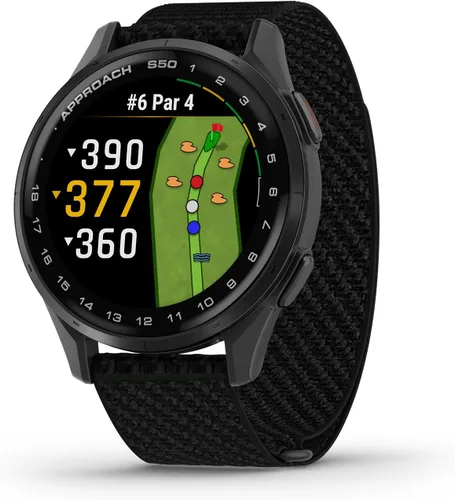 Vista 10 de Garmin Approach® S44, reloj inteligente GPS esencial para golf, pantalla AMOLED, funciones en el campo, bisel de aluminio plateado con banda
