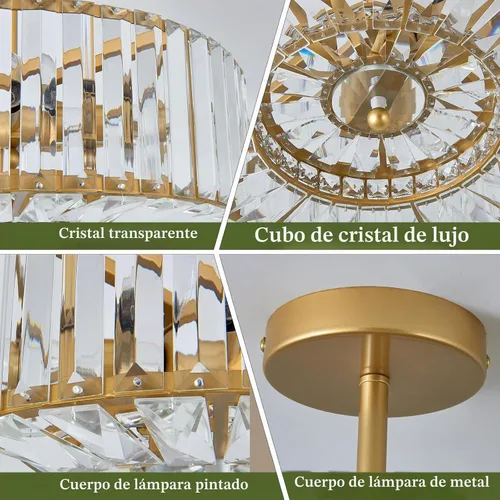 Vista 3 de Piepooye 4 Luces Moderna Lámpara de Araña de Cristal Dorado Redondo Montaje Semiempotrado en el Techo Lámpara de Granja para Comedor Sala de Estar
