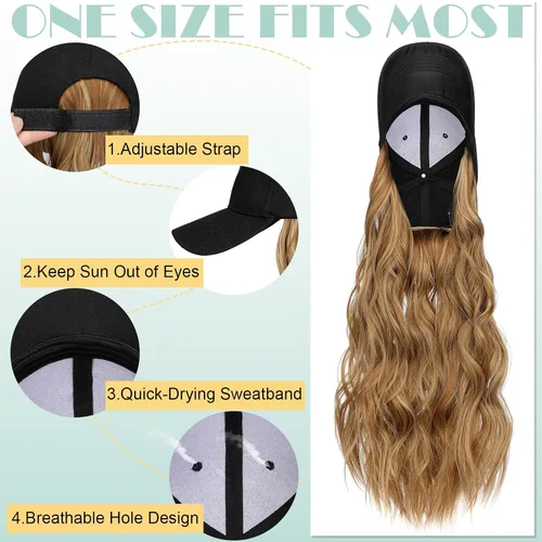 Vista 5 de Peluca de gorra de béisbol para mujer, gorra de béisbol con extensiones de cabello, gorra ajustable adjunta de 24 pulgadas de largo, ondulada