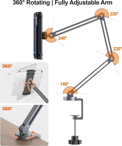 Vista 3 de YICOSUN Soporte de brazo para tableta con súper agarre, soporte plegable ajustable y abrazadera giratoria de aluminio resistente de 360° para iPad