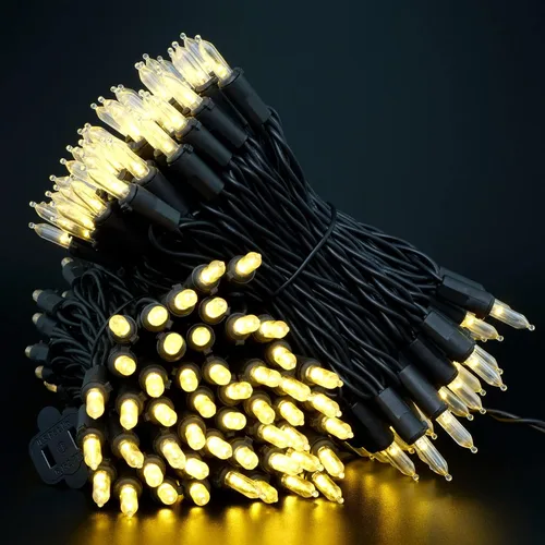 Vista 3 de YULETIME Juego de 200 luces LED de Navidad de color blanco cálido con cable negro, paquete de 2 hebras de 33 pies, 100 luces con certificación UL