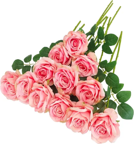 Vista 26 de ATFL Rosas Rubor, 12 Piezas de Rosas Rosa Pálido, Rosas Artificiales de Color Rosa Claro, Diámetro de la Flor 10 cm, Rosas Artificiales con Tallos