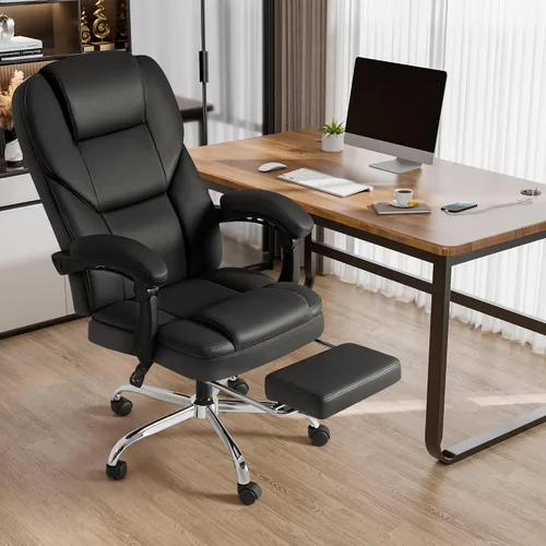 Vista 2 de Shahoo Silla de oficina ejecutiva con masaje, asientos ergonómicos reclinables de cuero con respaldo alto con reposapiés y soporte lumbar, grande
