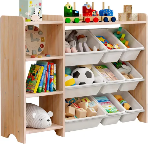Vista 12 de MallBest Estante organizador de almacenamiento de juguetes para niños de 4 niveles, 100% madera maciza, armario de almacenamiento para niños con 9