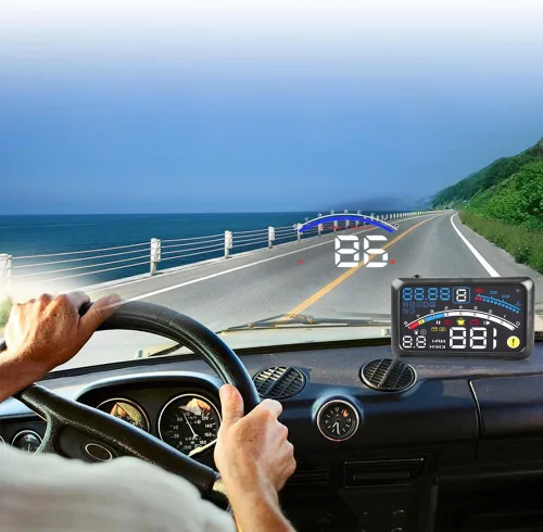 Vista 2 de Universal 5.9 "Coche HUD Display MPH/KM/h Over Speed Limit Advertencia Plug and Play Proyector con película para coches con OBDII o EUOBD Interfaz