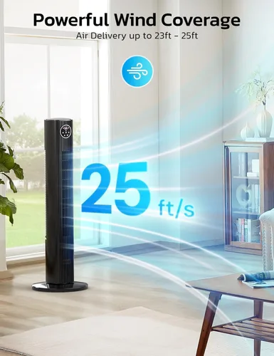 Vista 6 de ZAFRO Ventilador de torre para dormitorio, ventilador oscilante de 90° con 4 modos, 3 velocidades, velocidad de 25 pies/s, temporizador de 12 horas