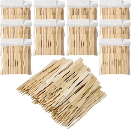 Vista 10 de BetterJonny Paquete de 300 cubiertos desechables de bambú, pinchos de dos puntas, palillos de dientes de extremo romo, mini tenedores de degustación