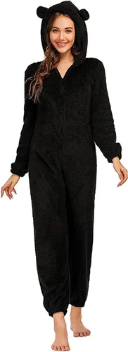 Vista 4 de chouyatou Pijama de Romper de Sherpa de Felpa Ultra Cómodo para Mujer con Capucha Linda de Orejas de Felpa Negro