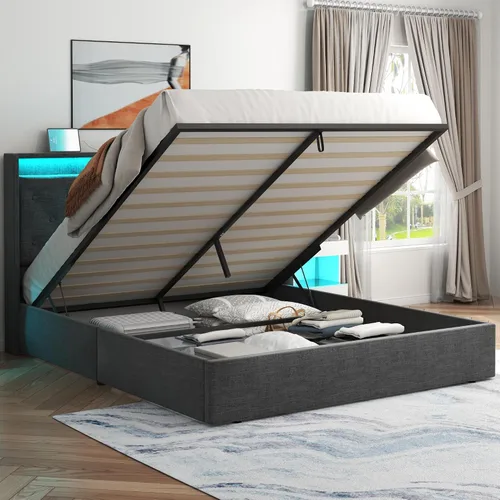 Vista 12 de Loomie Marco de Cama Queen Elevable con Estación de Carga y Luces LED, Cama Tapizada con Cabecera de Almacenamiento Capitoné con Respaldo Alto Beige
