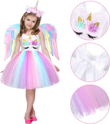 Vista 3 de GC Disfraz de unicornio para niñas vestido de tutú de arco iris con diadema atuendo de princesa para fiesta de cumpleaños Arcoiris Rainbow