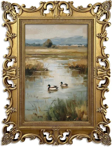 Vista 13 de XIAOAIKA Arte de pared de paisaje de granero blanco acabado a mano, impresión de escena de granja vintage con marco barroco dorado envejecido