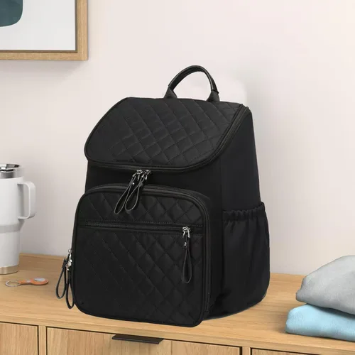 Vista 7 de LORADI Mochila ligera para pañales con clips para cochecito, bolsillos aislados, artículos esenciales para baby shower (nailon, negro)
