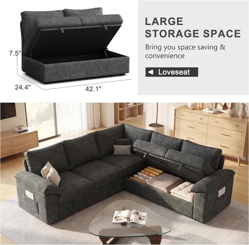 Vista 6 de Sofá modular de 85 pulgadas con cama extraíble, sofá modular de 5 asientos en forma de L con almacenamiento, sofás seccionales para sala de estar