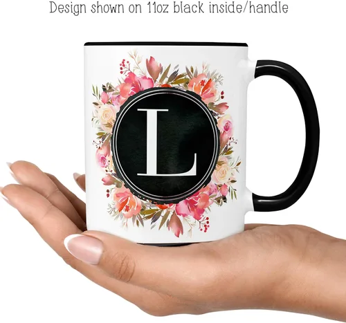 Vista 4 de Taza de café de cerámica con monograma floral con inicial personalizada, 11 oz o 15 oz