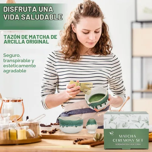 Vista 5 de Pottery Matcha Set – Tazón de té matcha japonés hecho a mano cuenco de esmalte mineral con boquilla, batidor de bambú, cuchara y soporte de Chasen
