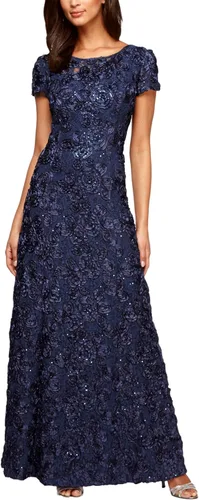 Vista 21 de Alex Evenings Women's Long Rosette Mother of The Bride Dress with Short Sleeves Bígaro cepillado