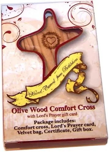 Vista 2 de Holy Land Market Cruz reconfortante de madera de olivo grabada con corona de espinas y corazón, caja de regalo, bolsa de terciopelo y tarjeta