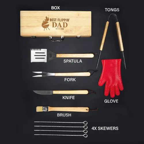 Vista 5 de Juego de parrilla BBQ de 11 piezas con caja de madera de arce grabada, herramientas de barbacoa de acero inoxidable premium con mangos de madera