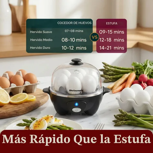 Vista 3 de Elite Gourmet EGC-007B # - Olla rápida para huevos, 7 huevos fáciles de pelar, duros, medianos, suaves, escalfador, máquina de tortillas, apagado